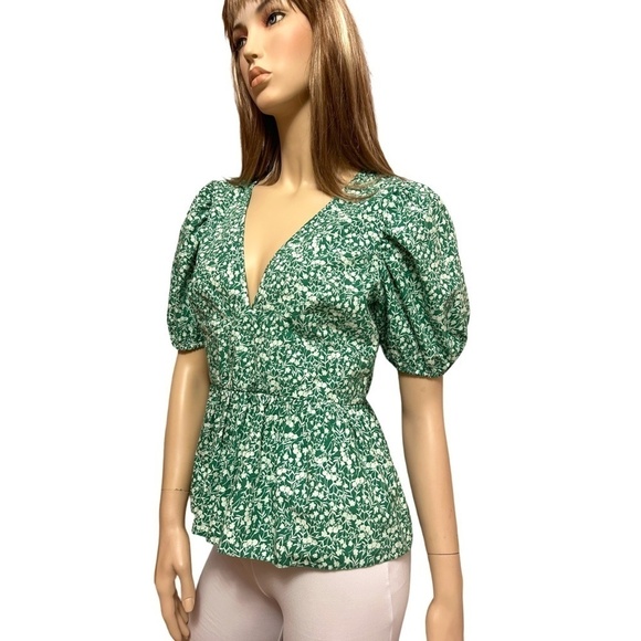 TOPSHOP Blouse Bitsy Green Floral Peplum Shirt Top Cutout Tie Back Plunge Neck - Picture 5 of 14